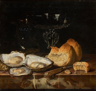 カキ、パン、ベネチアン ワイングラスのある静物、1661 年。 作： Henri de Fromantiou