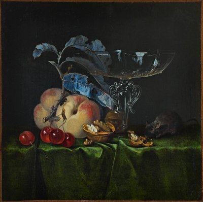 桃、クルミ、ネズミ、ベネチアン ワイングラスのある静物、1661 年。 作： Henri de Fromantiou