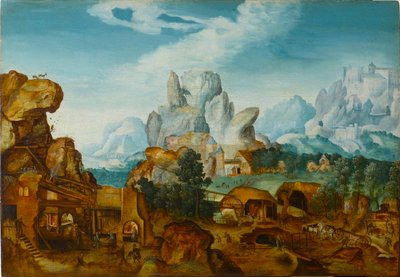 1550 年以前のエジプトへの逃避、鍛冶屋のある岩の風景。 作： Henri de Herri met de Bles