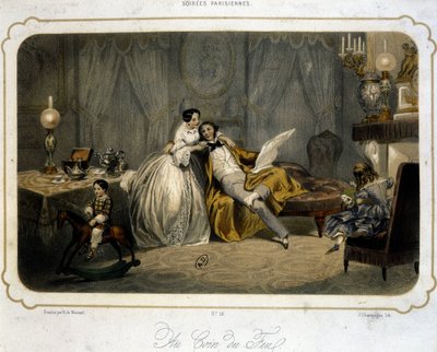 居間で休むブルジョワ一家 - リトグラフ、1820年頃。 作： Henri de Montaut