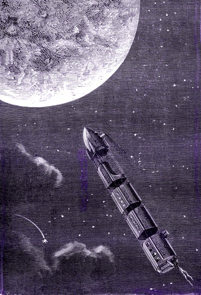 ジュール・ヴェルヌ作「地球から月へ」巨大なガンキャノンから月に向けて発射される弾丸（または発射体）の列車 作： Henri de Montaut