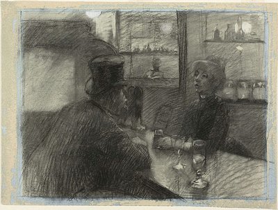 ローマ通りのカフェのバー、1886年頃（木炭、白チョーク、青布紙） 作： Henri de Toulouse Lautrec