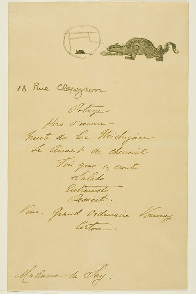 メイ・ベルフォールによる夕食会のメニュー 作： Henri de Toulouse-Lautrec