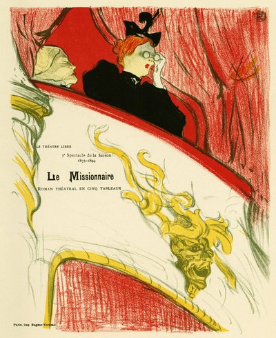 双眼鏡を使って劇場の楽屋にいる女性。 宣教師のポスター、マルセル・ルゲの演劇、1893年にアンドレ・アントワーヌ（1858-1943）によって作成されたフリーシアターで1893年に表され、アンリ・ド・トゥールーズ・ロートレックによるリトグラフのイラスト 作： Henri de Toulouse Lautrec
