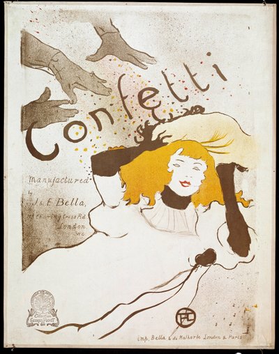 紙吹雪：黄色い髪の女性の手首に紙吹雪を投げる手。Henri de Toulouse-Lautrec（1864-1901）のポスター。薄い。0.54 x 0.39.1893.アルビ、トゥールーズ・ロートレック美術館（Musee Toulouse Lautrec 作： Henri de Toulouse Lautrec