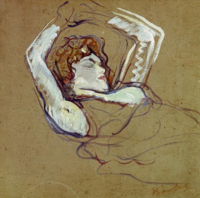 背中の上に横たわる女性、腕を上げる 作： Henri de Toulouse Lautrec
