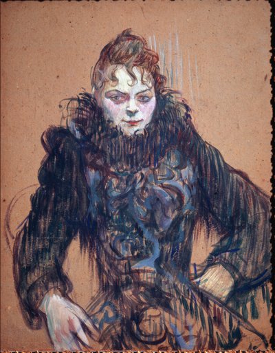 黒いボアの女性の肖像 - 油彩・厚紙 作： Henri de Toulouse Lautrec