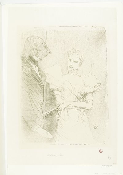 Portret van 女優 Marthe Brandès が俳優 Louis-Pierre Leloir として、tonelstuk Les Cabotins で カボタンのブランデスとルロワール 作： Henri de Toulouse Lautrec