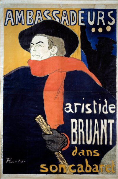 フランスのソングライター、アリスティード・ブルアン（1851-1925）のスペクタクルのポスター。"Ambassadors - Aristide Sparrow in his cabaret ".Henri de Toulouse-Lautrec (1864-1901)のリトグラフ。1892.薄さ 1,41 x 0,98 m Brussels, musee d