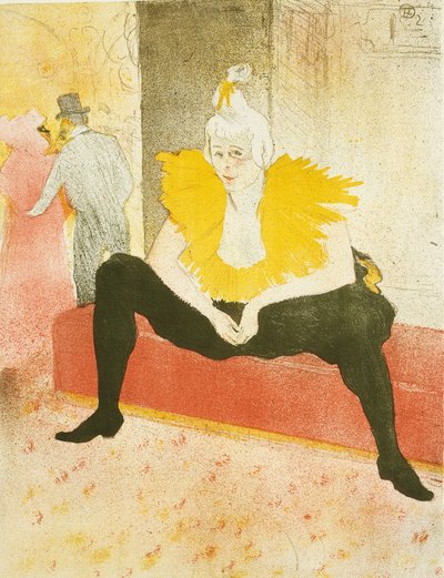 座っている女性の道化師 (Mademoiselle Cha-U-Kao)、Elles のプレート 1 作： Henri de Toulouse Lautrec