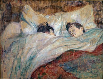 ベッドです。寝ている二人の子供 - 厚紙に油絵 作： Henri de Toulouse Lautrec