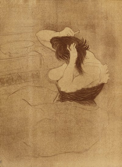 彼女の髪をとかす女-ラ・ヘアー、エルからのプレートVII; Combing Woman-Hairstyle、Plate VII from Elles、1896 作： Henri de Toulouse Lautrec
