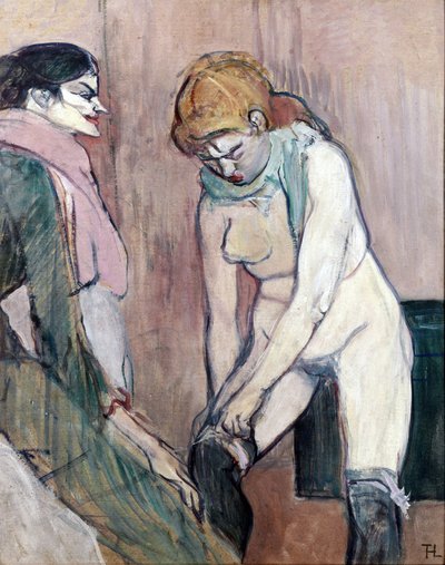 ストッキングを脱ぐ女、家の女（厚紙に描く 作： Henri de Toulouse Lautrec