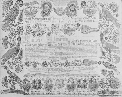 誕生と洗礼の証明書、1784年 作： Henrich Dulhauer.