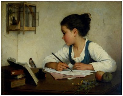 書く少女;ペットゴシキヒワ 作： Henriette Browne
