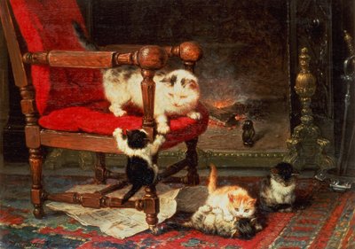 火のぬくもりで遊ぶ（キャンバスに油彩） 作： Henriëtte Ronner Knip