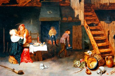 机を囲んで戯れる人々のいる農民の室内（油彩・パネル） 作： Henrik Potuijl