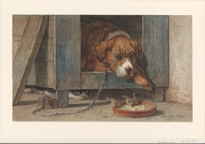 猫は眠っている犬に鳥をスパイします 作： Henriëtte Ronner