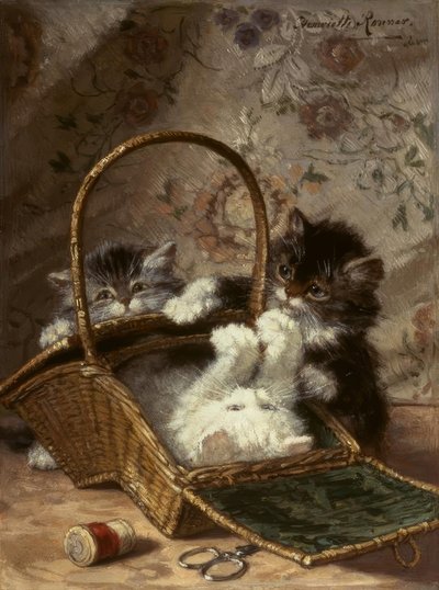 ミシンバスケットを持つ若い猫 作： Henriëtte Ronner Knip