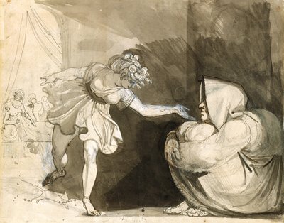 ガリンティアスは、ヘラクレスの誕生を発表することでエイレイテュイアの裏をかく (Verso: Fuseli 夫人の肖像) (グラファイト、インク、インクのウォッシュは、白地に白で強調されている) 作： Henry (1741 1825) Fuseli