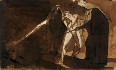マクベスと武装した頭を見せる三人の魔女 (水彩) 作： Johann Heinrich Füssli