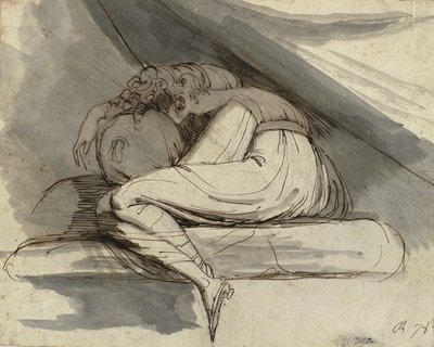 1778年以降、座っている女性、丸くなっている（鉛筆、ペン、茶色のインク、灰色のウォッシュ） 作： Henry  Fuseli