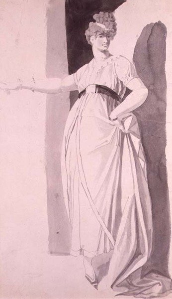 凝った髪型の若い女性が右腕を伸ばして立っている様子（鉛筆・水彩 作： Johann Heinrich Füssli