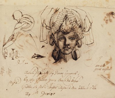 精巧な頭飾りを身に着けたフセリ夫人と目、口、胴体の習作（ペンとインク） 作： Johann Heinrich Füssli