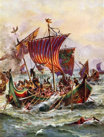 バイキングのドラゴン船を攻撃するアルフレッド王のガレー船（897年）（カラーリトグラフ 作： Henry Payne