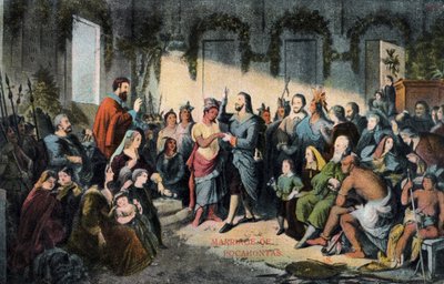 1614年、ジェームズタウンでのポカホンタスとジョン・ロルフの結婚 作： Henry (after) Brueckner