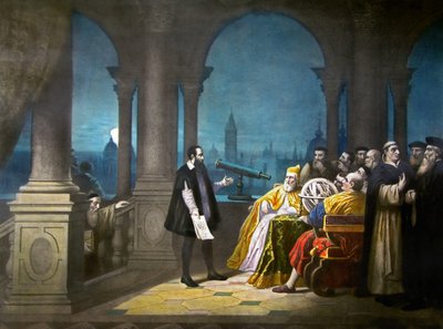 1609年、ヴェネツィア・ドージェとヴェネツィア元老院のレオナルド・ドナートに望遠鏡を見せるガリレオ・ガリレイ（1900年頃、リトグラフ）。 作： アンリ（後）デトゥーシュ