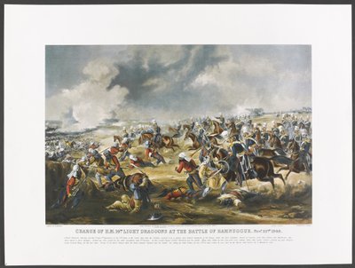 1848年11月22日、ラムナグルの戦いにおけるH.M.14th Light Dragoonsの攻撃、1851年頃、J.Harrisの彫刻（カラー写真）。 作： Henry (after) Martens