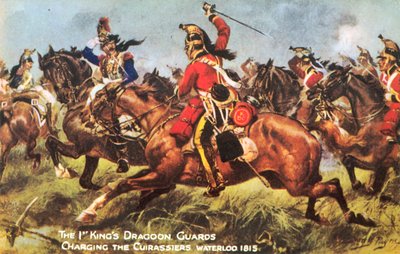 ワーテルロー1815年、キュイラッシェ軍に突撃する第1キングス・ドラグーン・ガード（カラーリトグラフ版 作： Henry A. Payne
