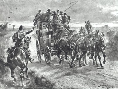 19世紀初頭、駅馬車を手にするハイウェイマン「Stand and Deliver」(リトグラフ) 作： Henry A. Payne