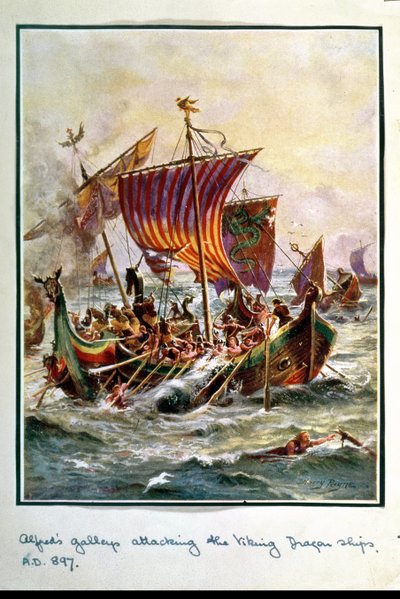 バイキングドラゴン船を攻撃するアルフレッドのギャレー、897 AD、「ハチソンのイギリス国民の物語」、1920年頃のイラスト 作： Henry A. Payne