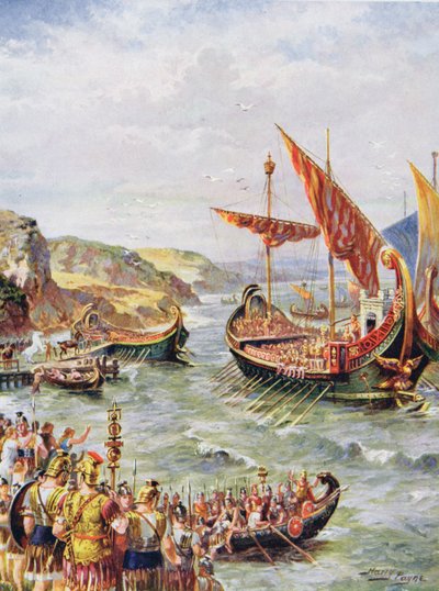 紀元410年のローマの略奪後のイギリスからのローマ人の出発、「ハッチンソンのイギリス国民の物語」のイラスト 作： Henry A. Payne
