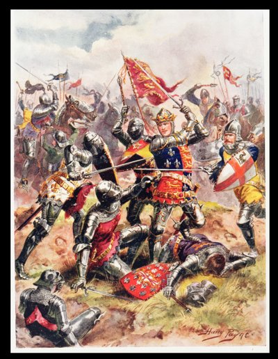 ヘンリー5世王（1387-1422）英雄的な勇気と戦う、1920年代のCHウィリー少佐による「英国史の栄光の戦い」のイラスト 作： Henry A. Payne