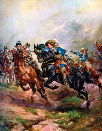 「1642年のエッジヒルでのルパート王子の騎兵隊の突撃」、c1920 作： Henry A Payne