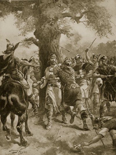 デンマークによる聖エドマンドの殺害、西暦870年、「ハッチンソンのイギリス国民の物語」、1920年頃のイラスト 作： Henry A. Payne
