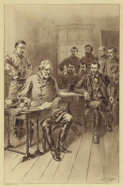 1865年4月9日、アポマトックスでのリーのグラントへの降伏(リトグラフ) 作： Henry Alexander (after) Ogden