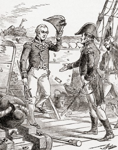 HMSゲリエールのダクレス大尉が降伏し、1812年の戦争中に敗北した後、USS憲法に乗ってハル大尉に彼の剣を提供します。 作： Henry Alexander Ogden