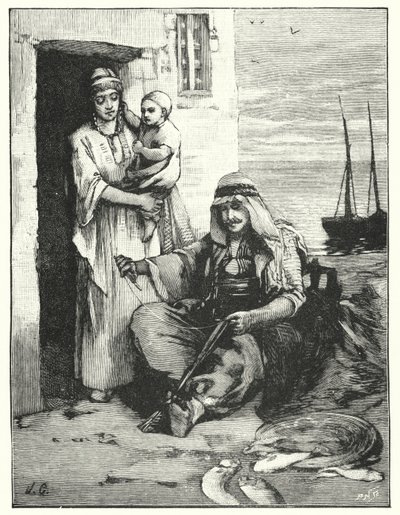 網を繕う漁師（ティベリアス海）（リトグラフ 作： Henry Andrew Harper