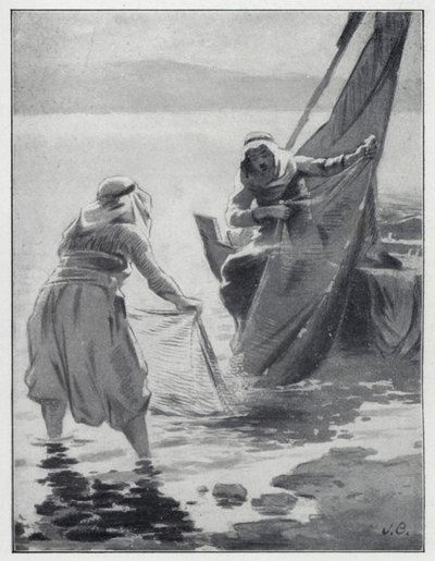 ガリラヤの海で網を洗う（リトグラフ 作： Henry Andrew Harper
