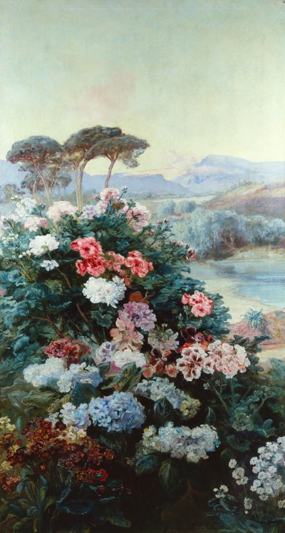 風景の中の椿と他の花（キャンバスに油彩） 作： Henry Arthur Bonnefoy