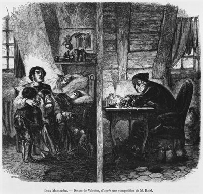 2つの屋根裏部屋、「ルマガシンピトレスク」、パリ、1855年からの図 作： Henry Augustin Valentin
