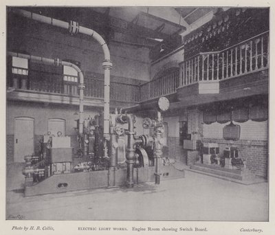 ケント州カンタベリーの電灯工場、配電盤のあるエンジンルーム（モノクロ写真 作： Henry Beauchamp Collis