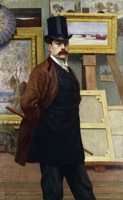 彼のスタジオでのアーティストの自画像（キャンバスに油彩） 作： Henry Bouvet