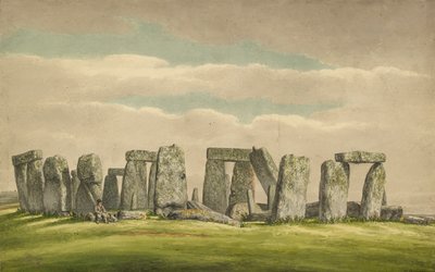 北西から見たストーンヘンジ、人と犬のいる廃墟、1824～1839 年 作： Henry Browne