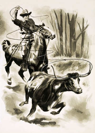 カウボーイはなげなわで馬からステアをロープします 作： Henry Charles Fox