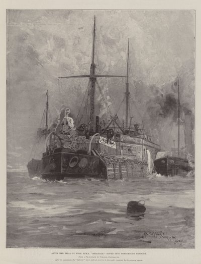 火事裁判の後、HMS Belleisleはポーツマス港に曳航しました 作： Henry Charles Seppings Wright
